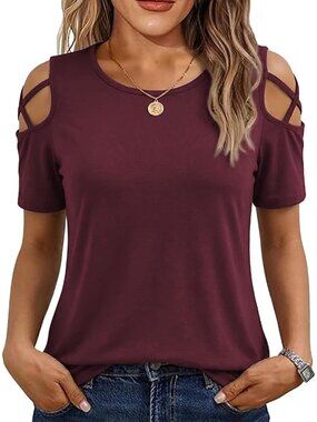 Women's Short Sleeve Cold Shoudler Tops T-Shirts for Women Spring Summer Tops Lo
